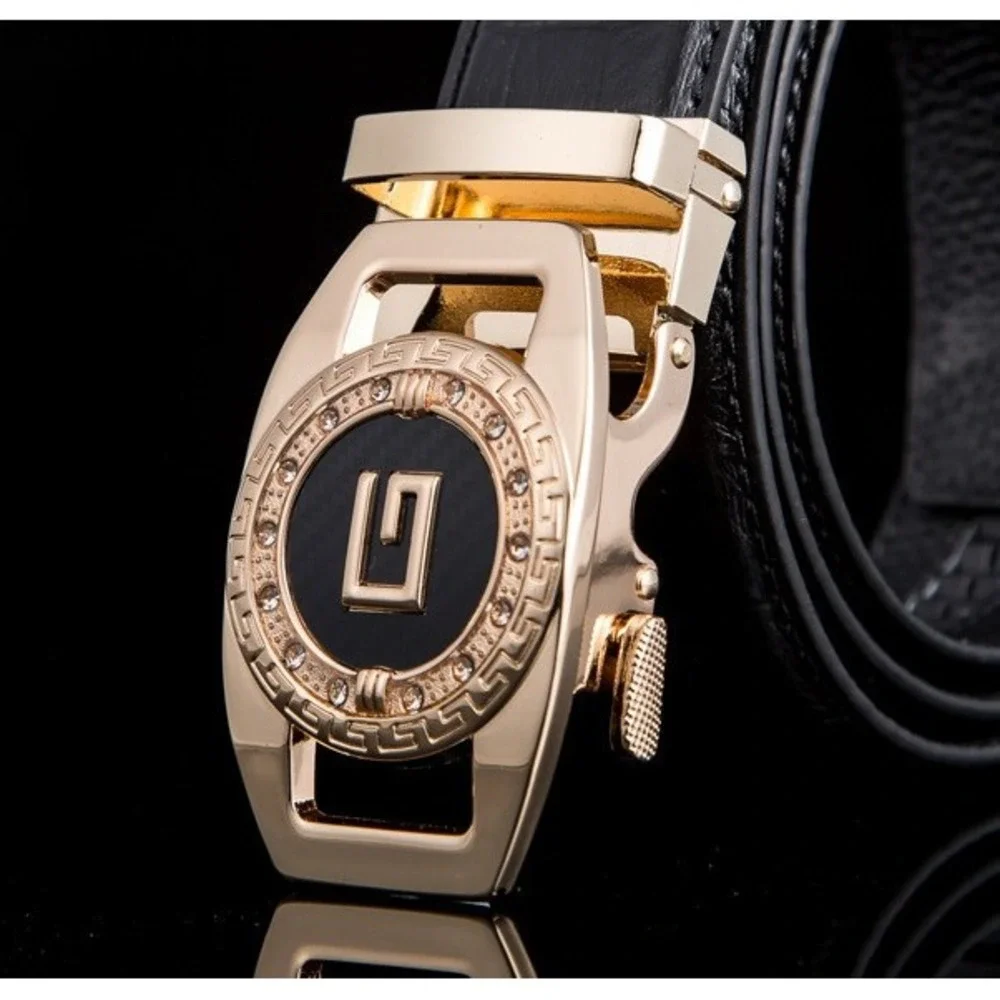 Designer Belt, Gold Buckle,‎ Ratchet Automatic Buckle, Black Leather Belt